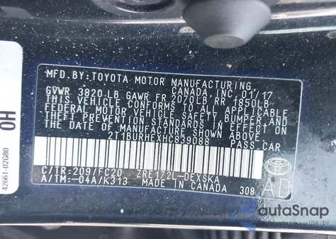 2017 Toyota Corolla Se z USA, uszkodzony, nr VIN 2T1BURHEXHC839088